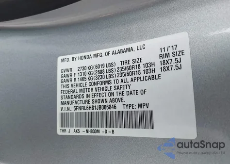 2018 Honda Odyssey Touring from USA, damaged, VIN 5FNRL6H81JB066846